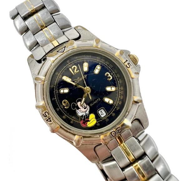 Disney Time Works Watch Stainless Steel Mickey Mouse Black Face Gold Accents - Picture 1 of 6